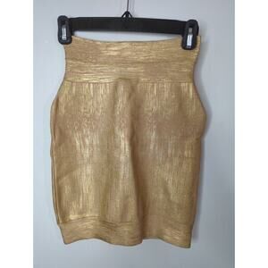 Herve Leger Gold Coated Knit Mini Skirt Bodycon Fitted‎ Size S